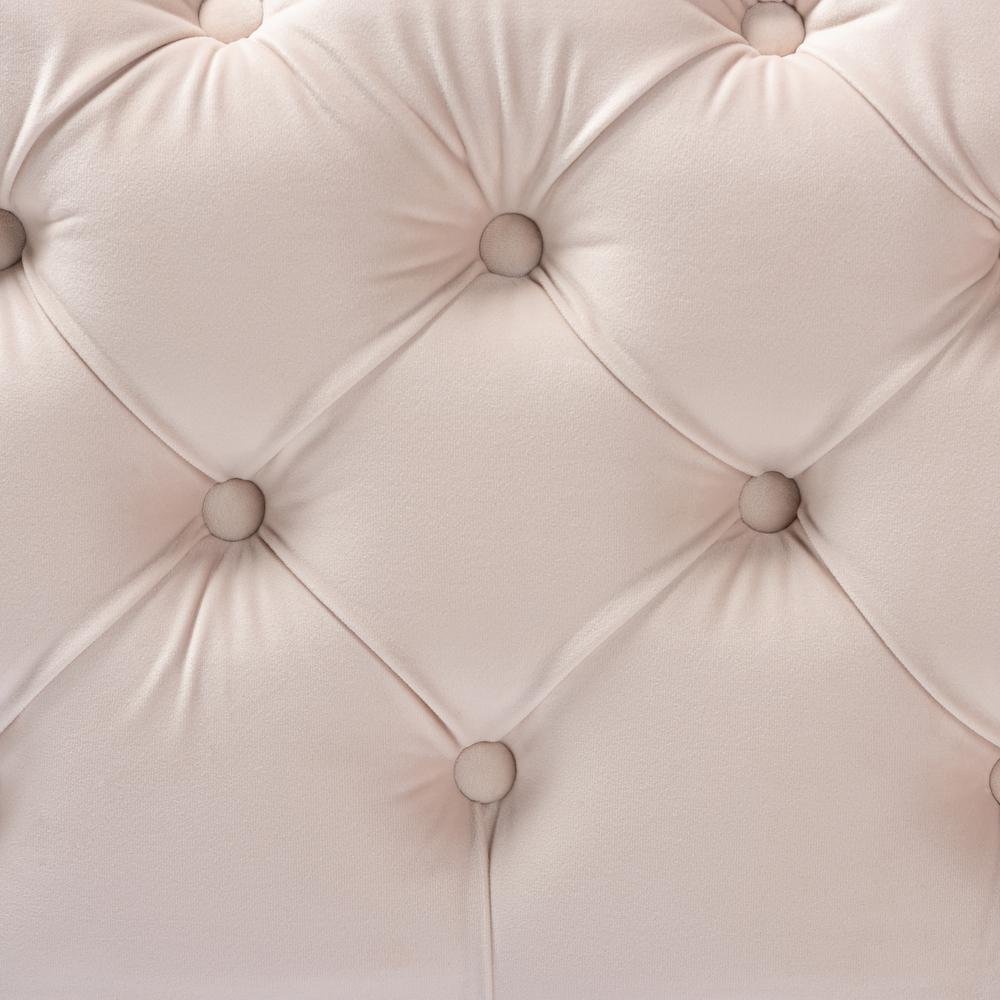 Luxe Light Beige Velvet Fabric Upholstered Gold Finished Button Tufted Ottoman