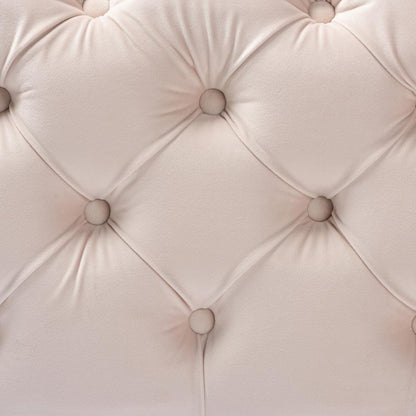 Luxe Light Beige Velvet Fabric Upholstered Gold Finished Button Tufted Ottoman