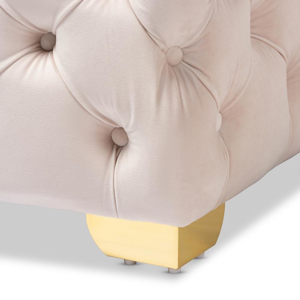 Luxe Light Beige Velvet Fabric Upholstered Gold Finished Button Tufted Ottoman