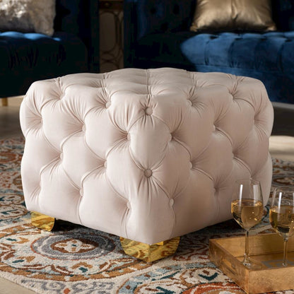 Luxe Light Beige Velvet Fabric Upholstered Gold Finished Button Tufted Ottoman