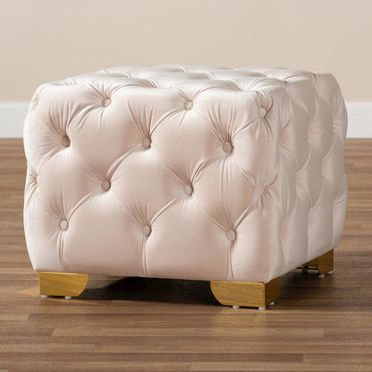 Luxe Light Beige Velvet Fabric Upholstered Gold Finished Button Tufted Ottoman