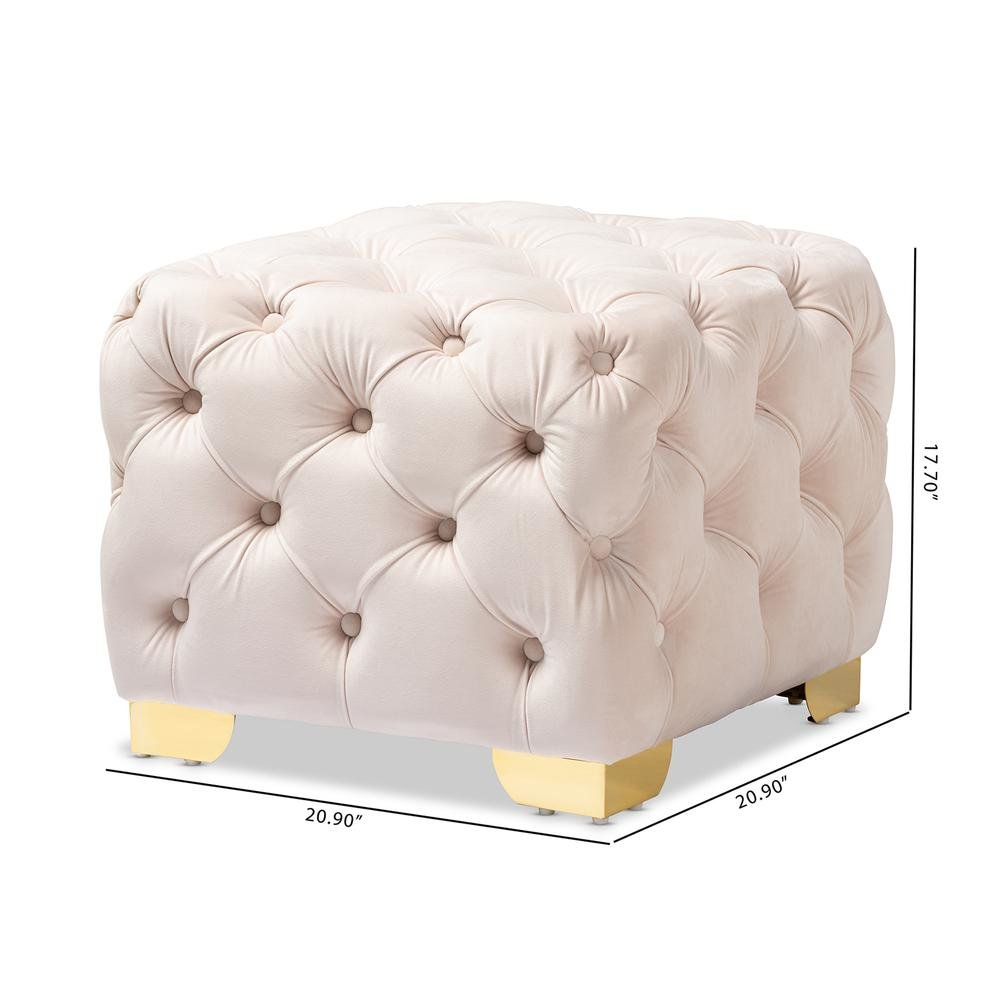 Luxe Light Beige Velvet Fabric Upholstered Gold Finished Button Tufted Ottoman