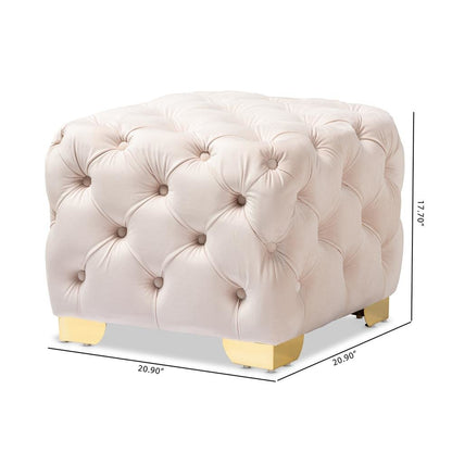 Luxe Light Beige Velvet Fabric Upholstered Gold Finished Button Tufted Ottoman