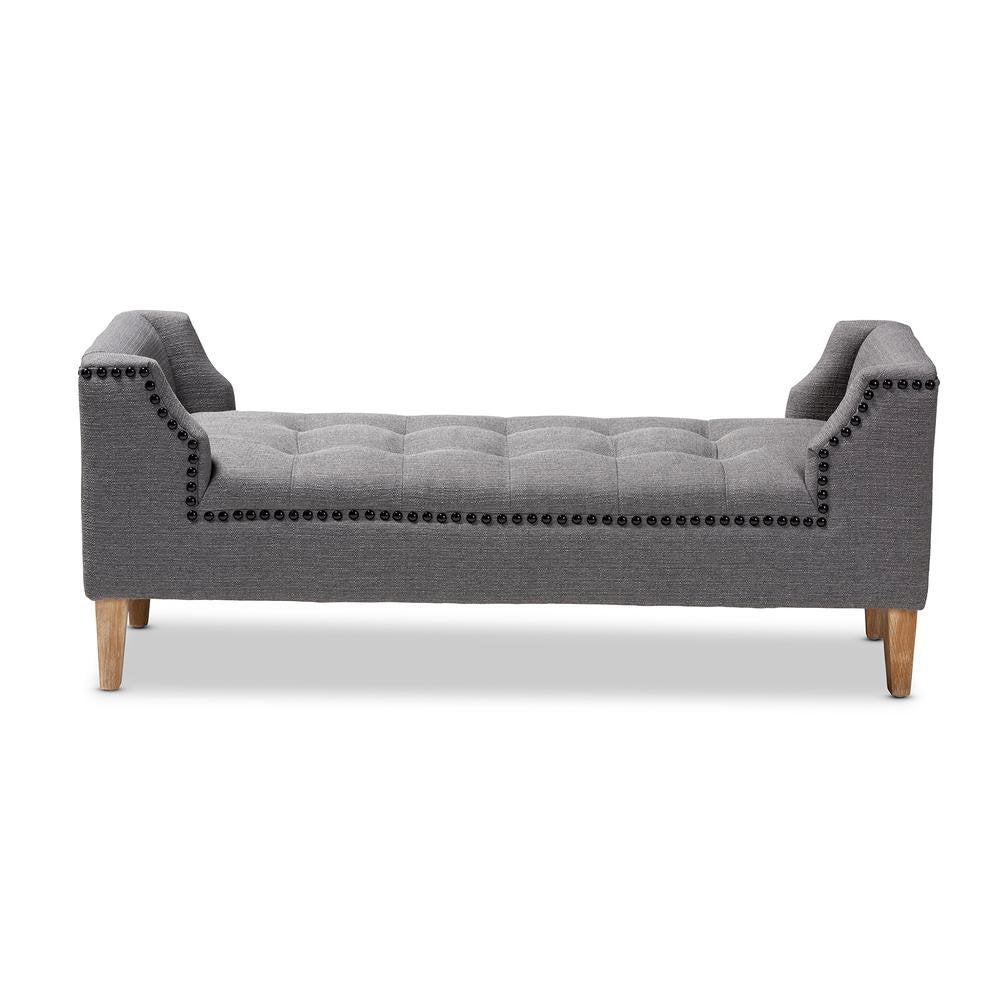 Gray Linen Fabric Upholstered Oak Brown Finished Wood Bench