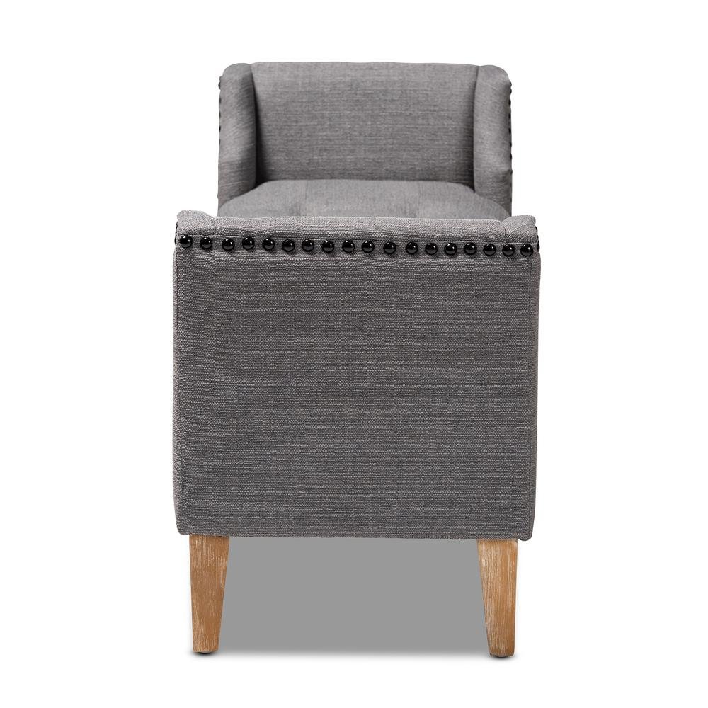 Gray Linen Fabric Upholstered Oak Brown Finished Wood Bench