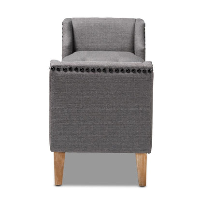 Gray Linen Fabric Upholstered Oak Brown Finished Wood Bench