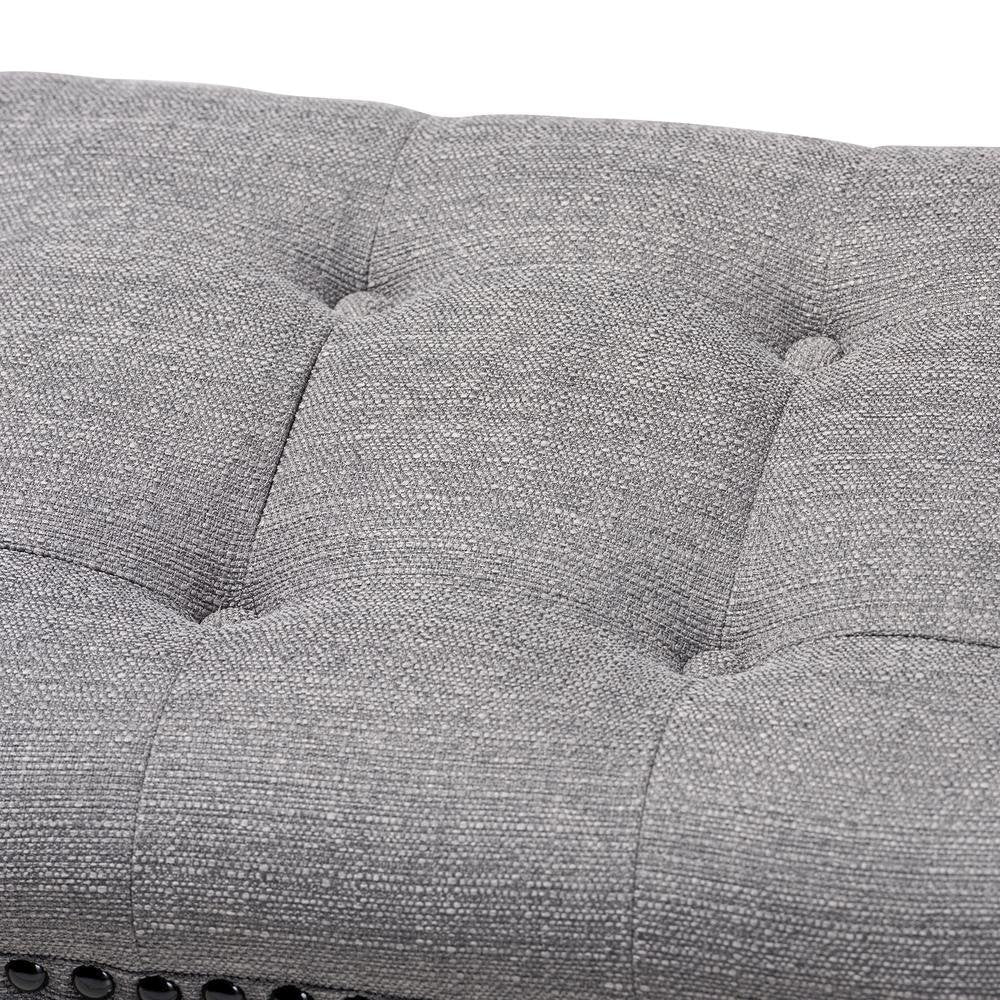 Gray Linen Fabric Upholstered Oak Brown Finished Wood Bench