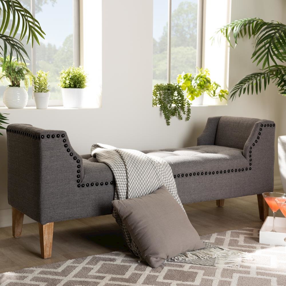 Gray Linen Fabric Upholstered Oak Brown Finished Wood Bench