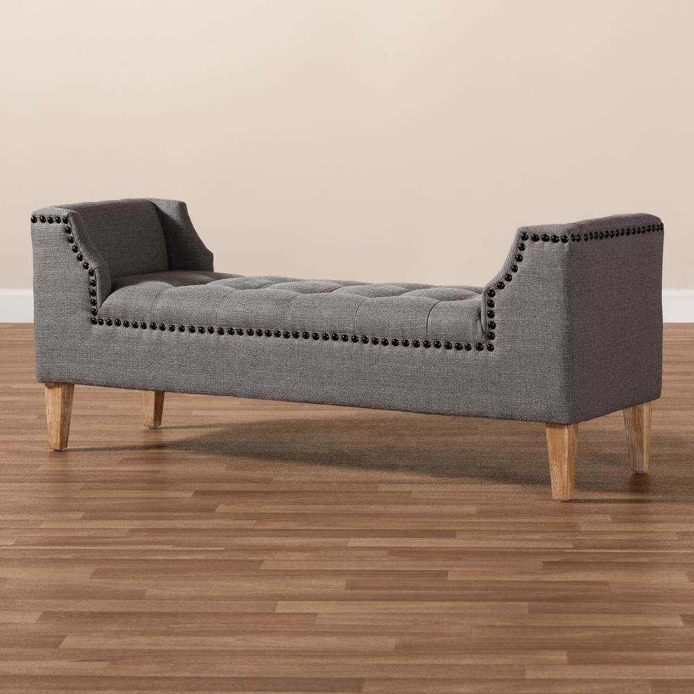 Gray Linen Fabric Upholstered Oak Brown Finished Wood Bench