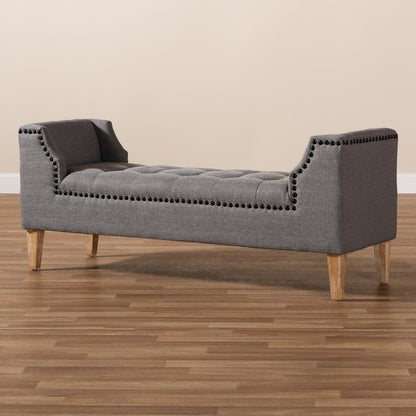 Gray Linen Fabric Upholstered Oak Brown Finished Wood Bench