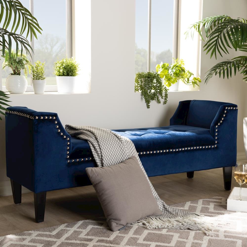 Royal Blue Velvet Fabric Upholstered Espresso Finished Wood Bench
