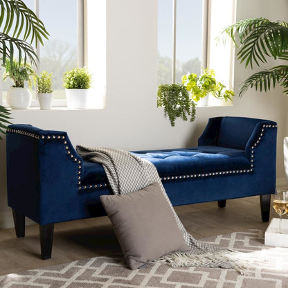 Royal Blue Velvet Fabric Upholstered Espresso Finished Wood Bench