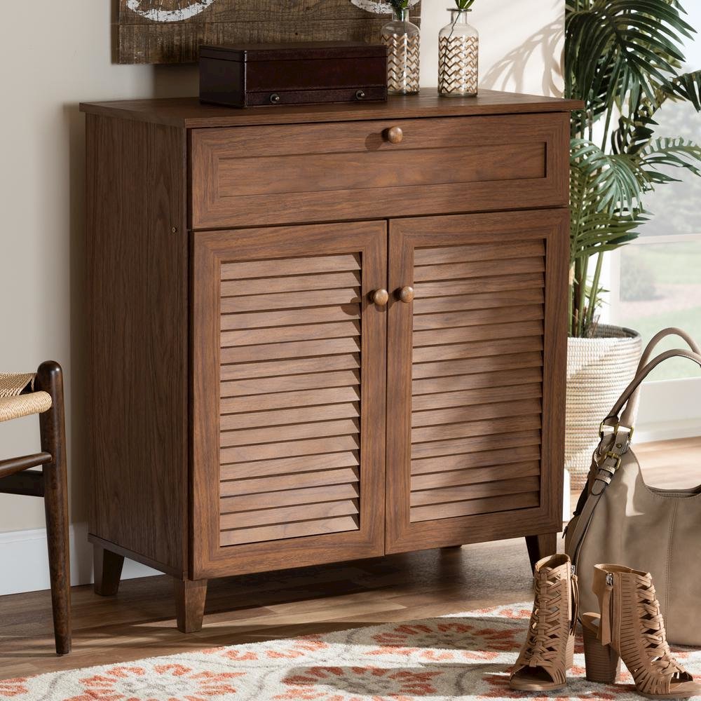 Walnut Finished 4-Shelf Wood Shoe Storage Cabinet with Drawer