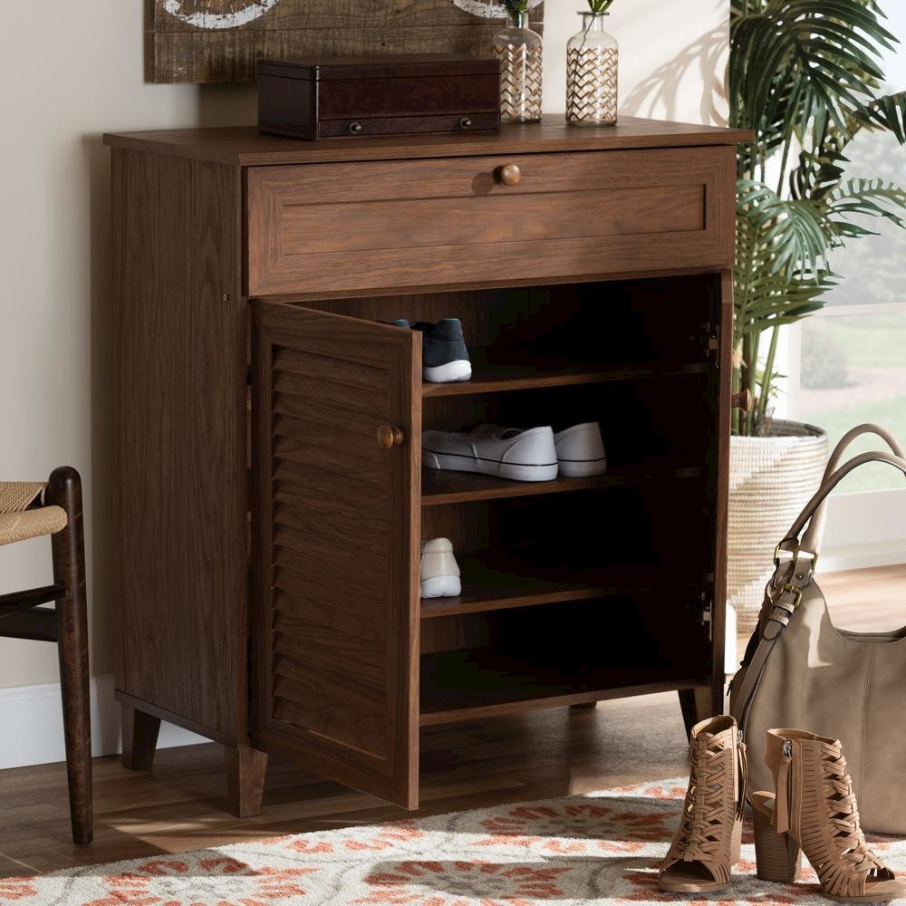 Walnut Finished 4-Shelf Wood Shoe Storage Cabinet with Drawer