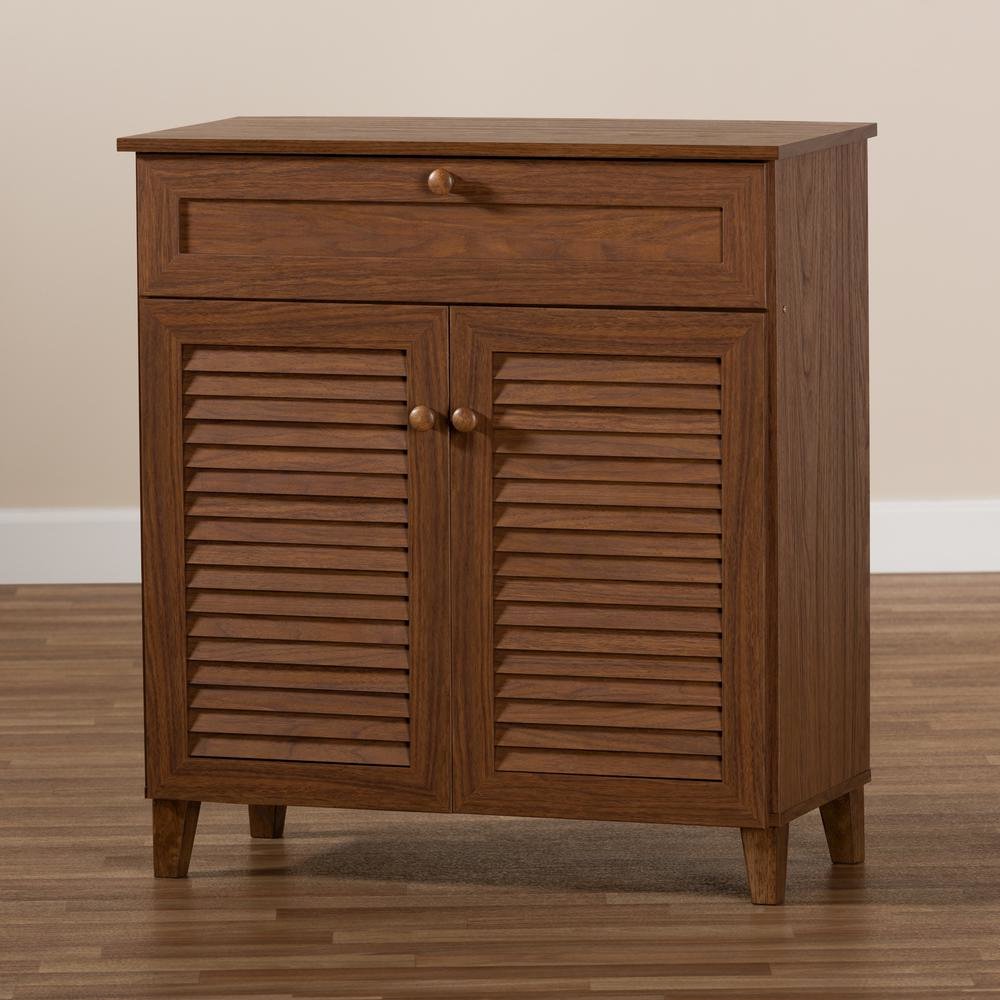 Walnut Finished 4-Shelf Wood Shoe Storage Cabinet with Drawer