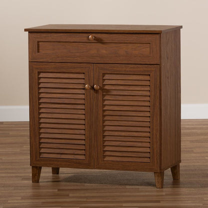 Walnut Finished 4-Shelf Wood Shoe Storage Cabinet with Drawer
