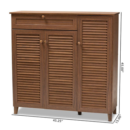 Walnut Finished 11-Shelf Wood Shoe Storage Cabinet with Drawer