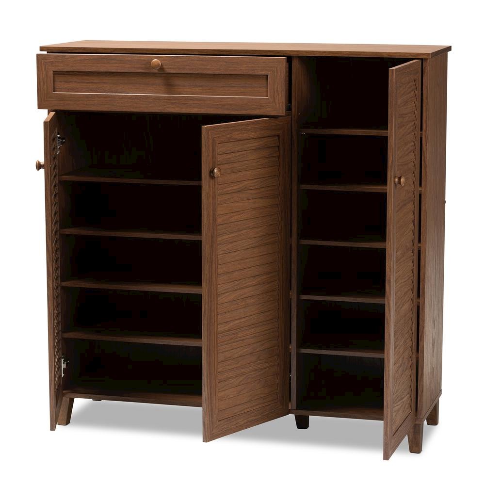 Walnut Finished 11-Shelf Wood Shoe Storage Cabinet with Drawer