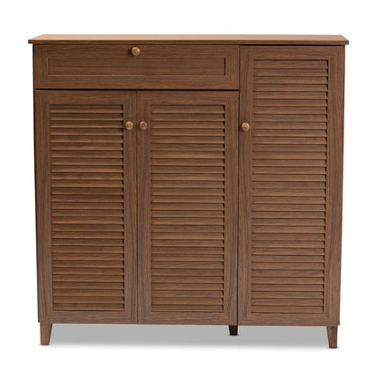 Walnut Finished 11-Shelf Wood Shoe Storage Cabinet with Drawer