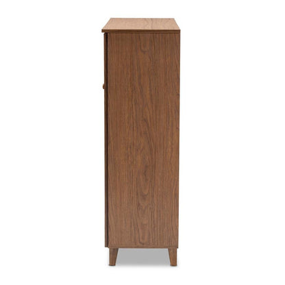 Walnut Finished 11-Shelf Wood Shoe Storage Cabinet with Drawer