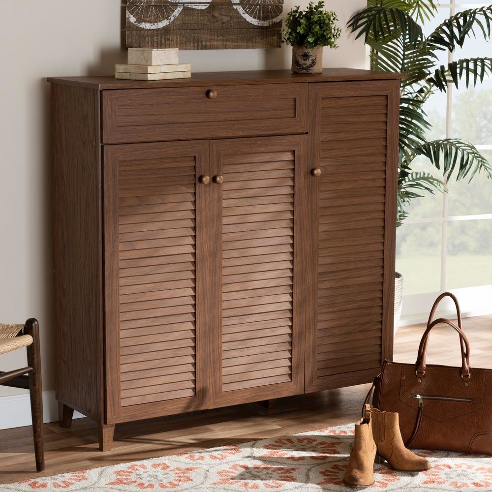 Walnut Finished 11-Shelf Wood Shoe Storage Cabinet with Drawer