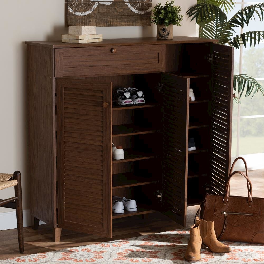 Walnut Finished 11-Shelf Wood Shoe Storage Cabinet with Drawer
