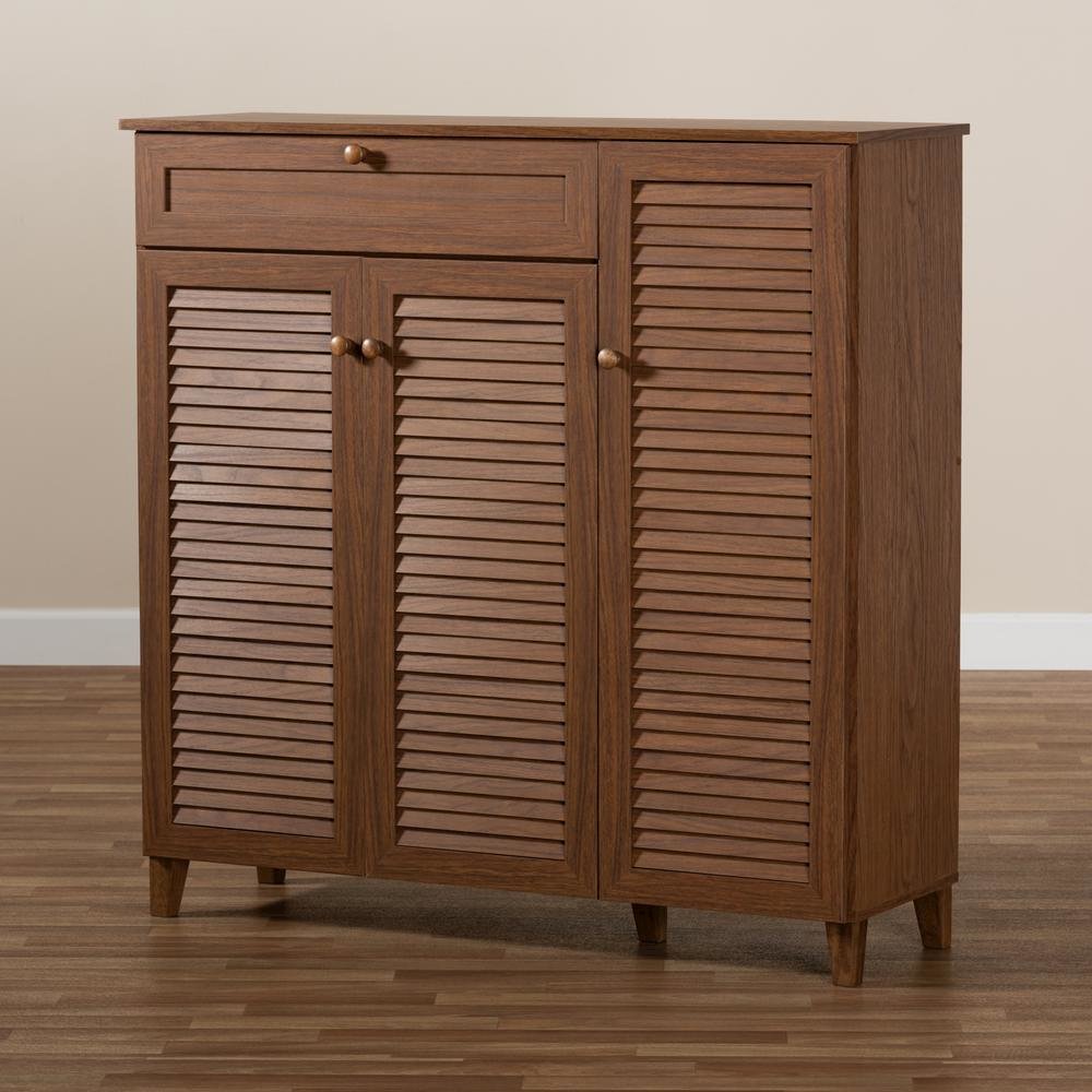 Walnut Finished 11-Shelf Wood Shoe Storage Cabinet with Drawer