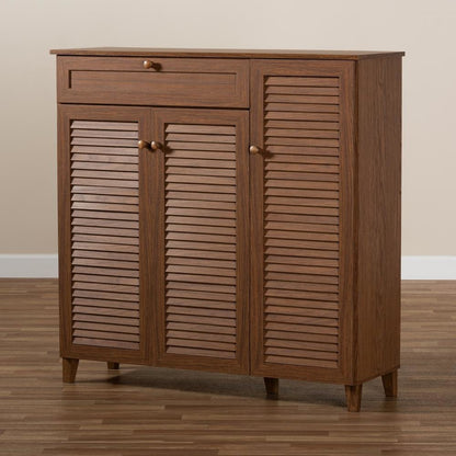 Walnut Finished 11-Shelf Wood Shoe Storage Cabinet with Drawer