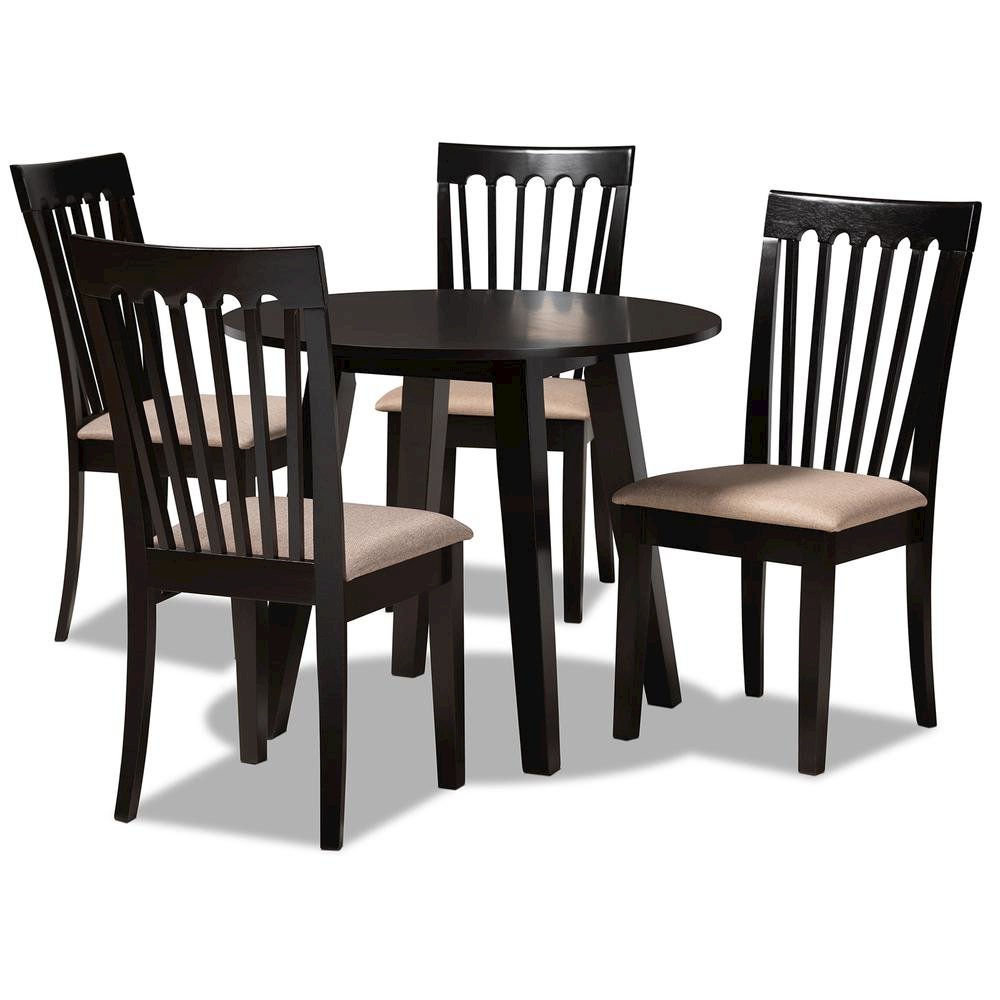 Sand Fabric Upholstered and Dark Brown Finished Wood 5-Piece Dining Set