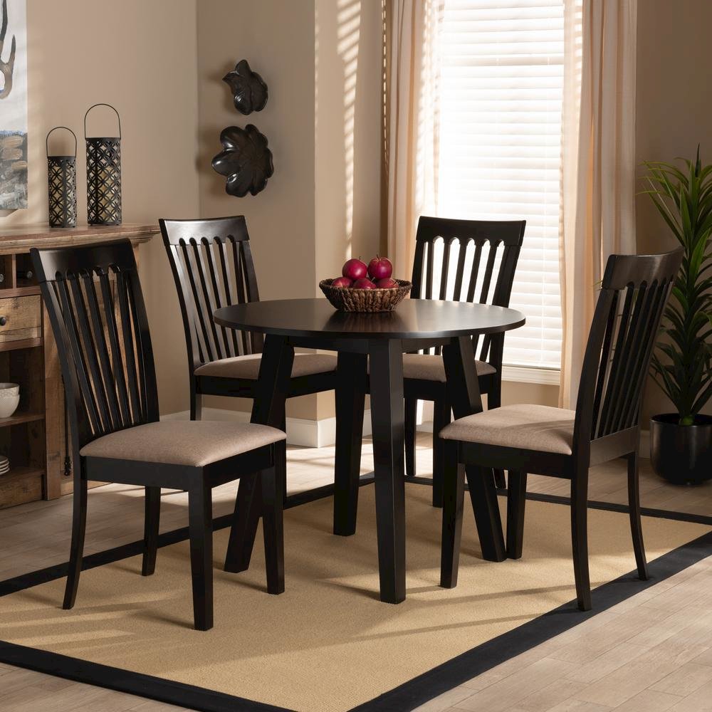 Sand Fabric Upholstered and Dark Brown Finished Wood 5-Piece Dining Set