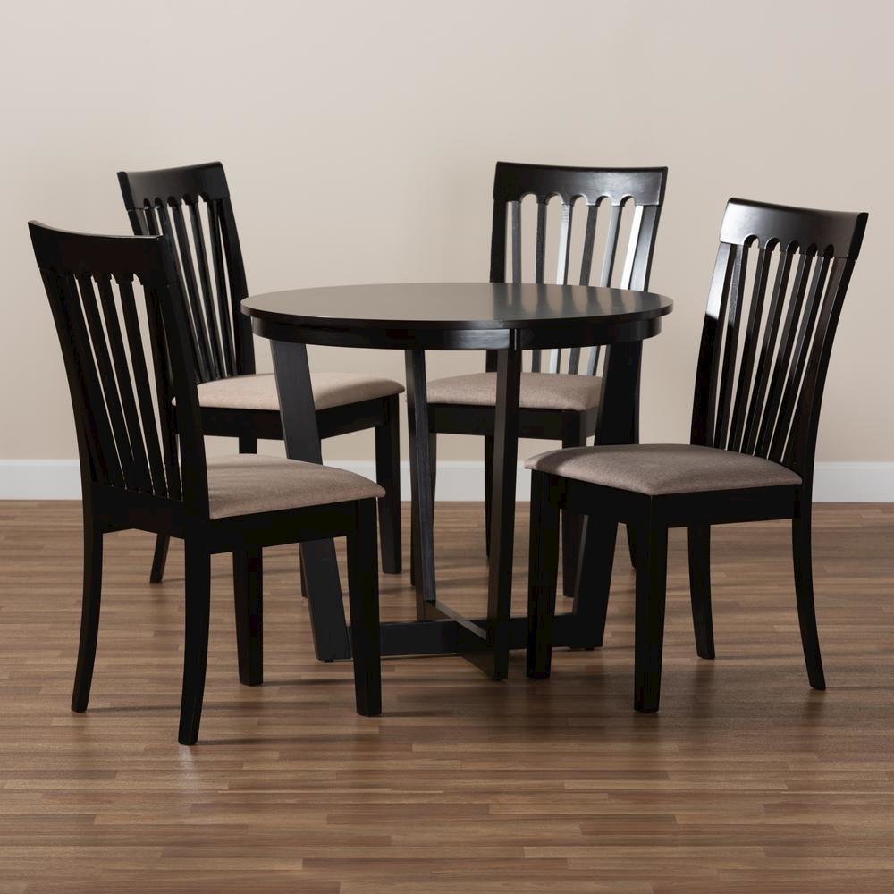 Sand Fabric Upholstered and Dark Brown Finished Wood 5-Piece Dining Set