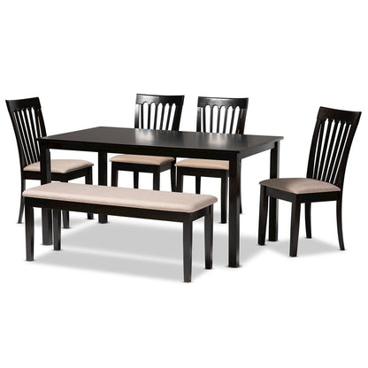 Sand Fabric Upholstered and Dark Brown Finished Wood 6-Piece Dining Set