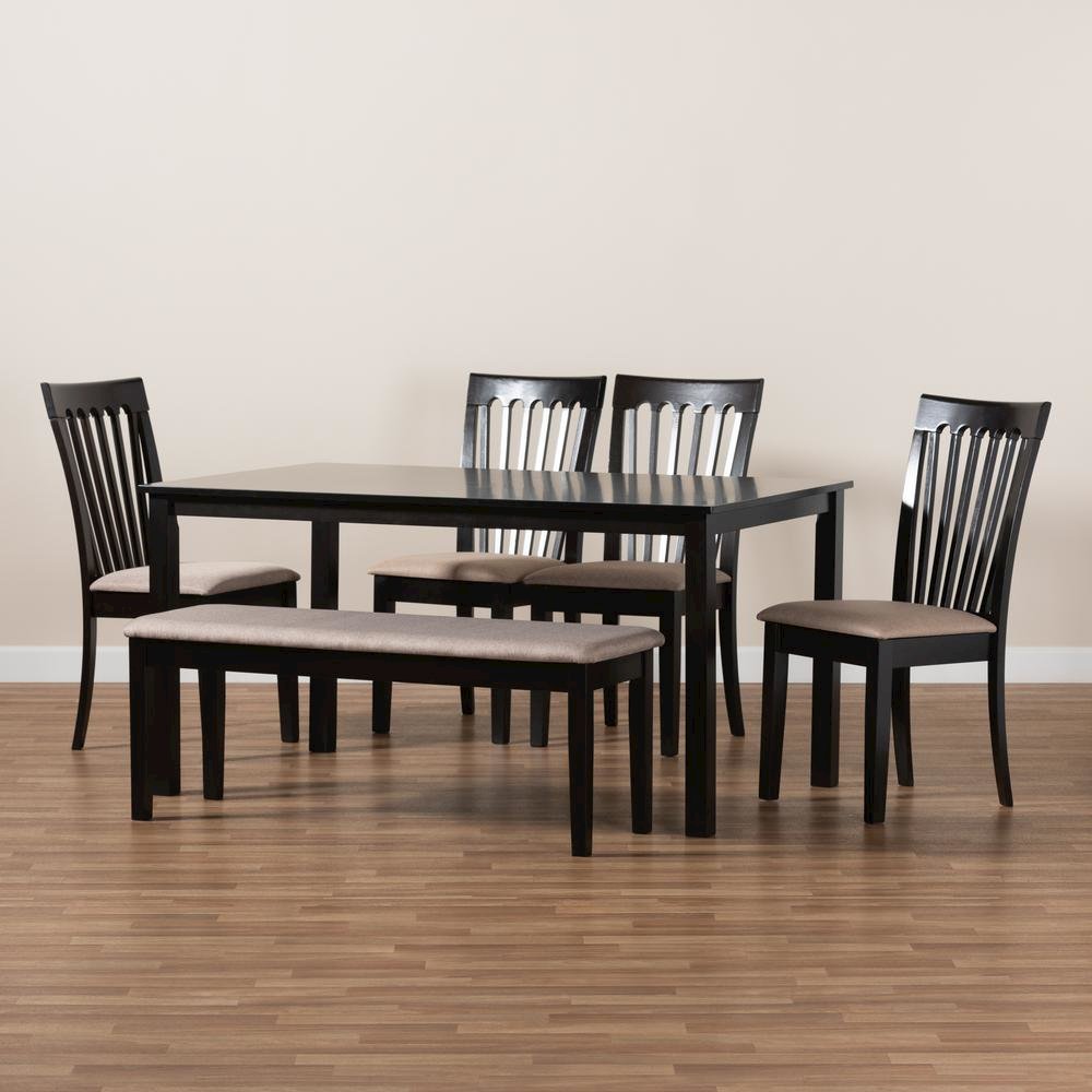 Sand Fabric Upholstered and Dark Brown Finished Wood 6-Piece Dining Set