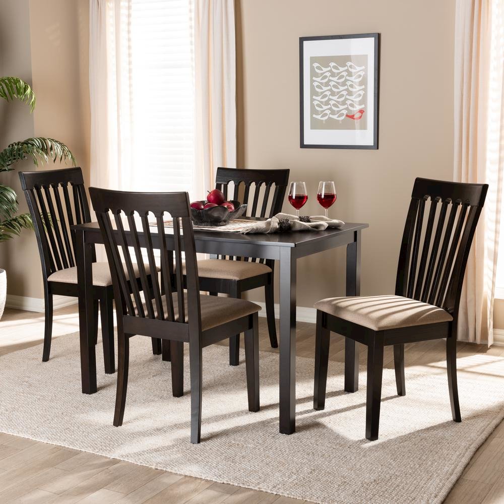 Sand Fabric Upholstered Espresso Brown Finished Wood 5-Piece Dining Set