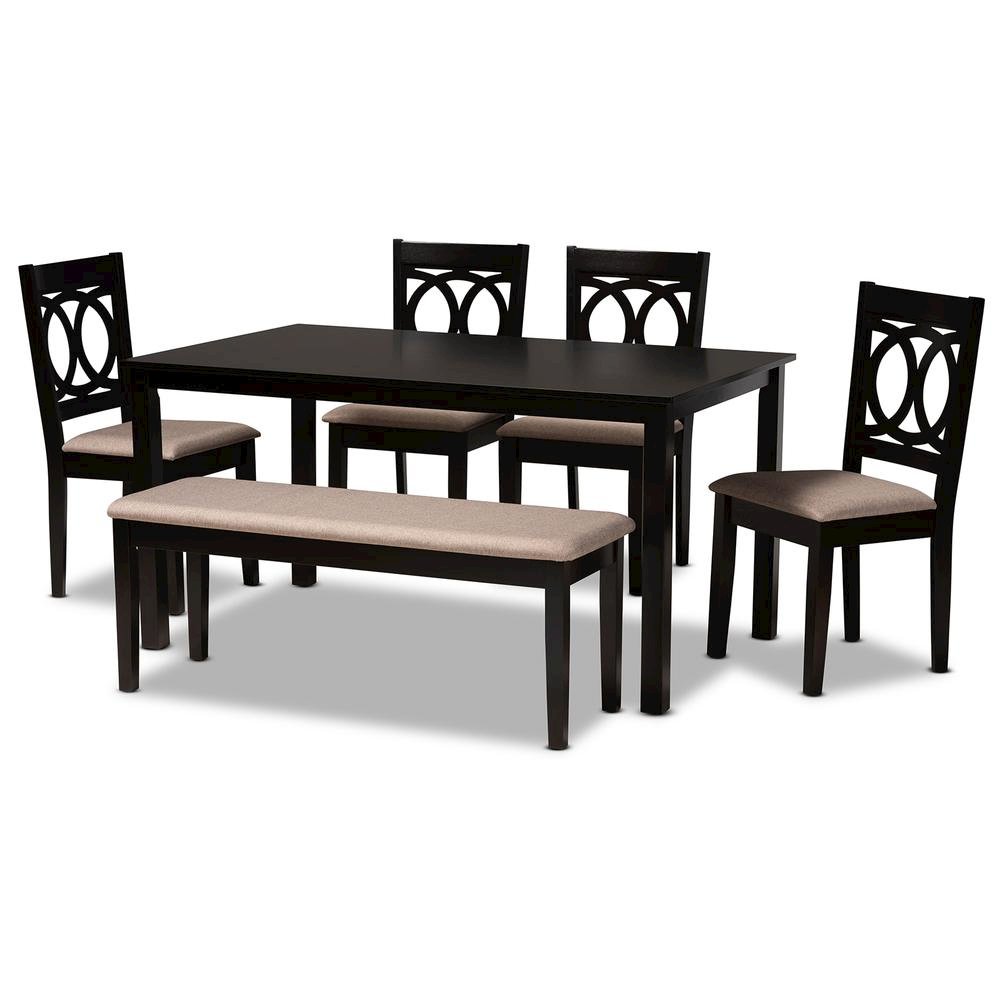 Sand Fabric Upholstered and Dark Brown Finished Wood 6-Piece Dining Set