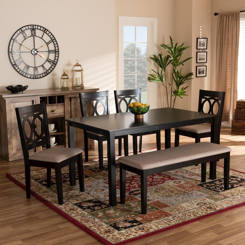 Sand Fabric Upholstered and Dark Brown Finished Wood 6-Piece Dining Set