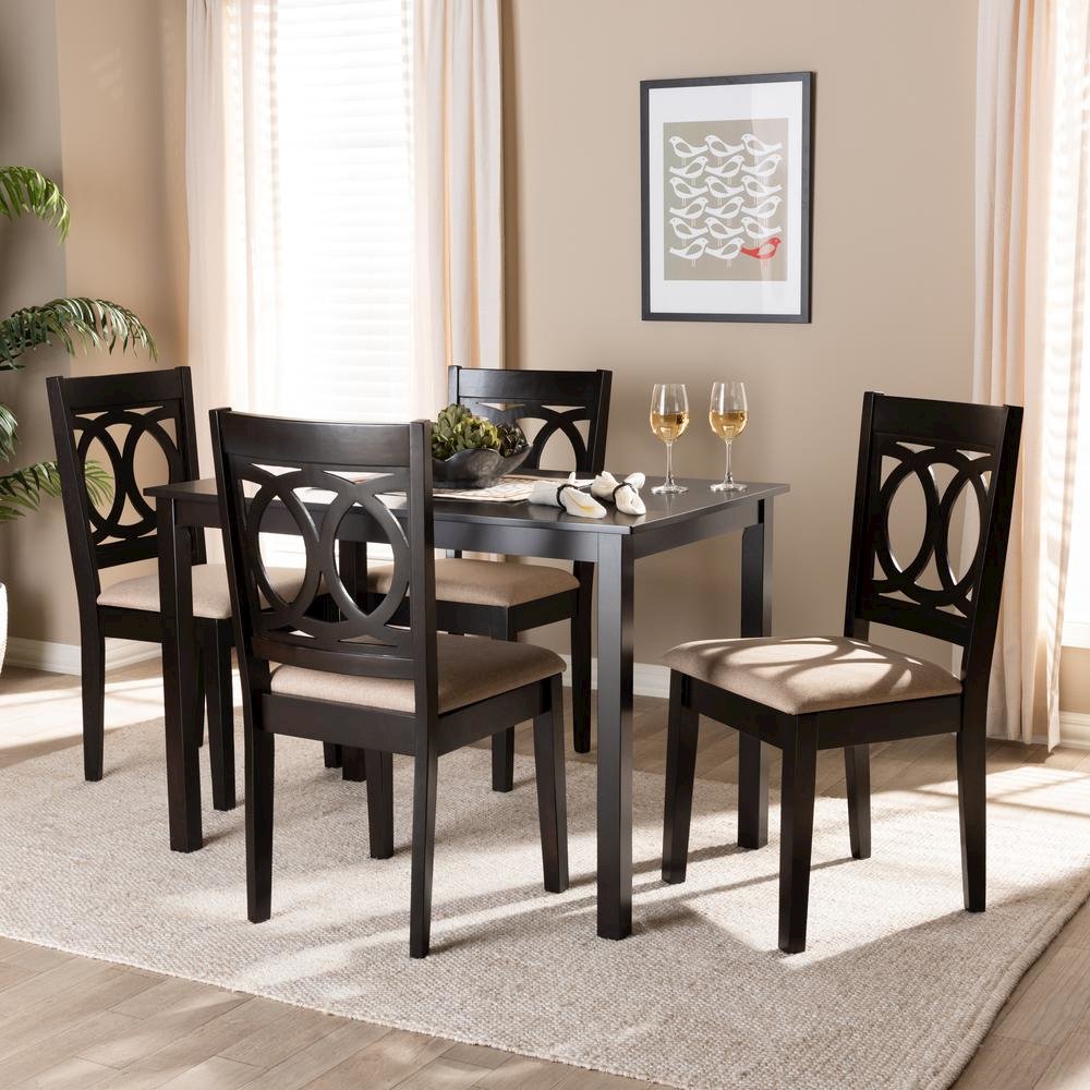Sand Fabric Upholstered Espresso Brown Finished Wood 5-Piece Dining Set