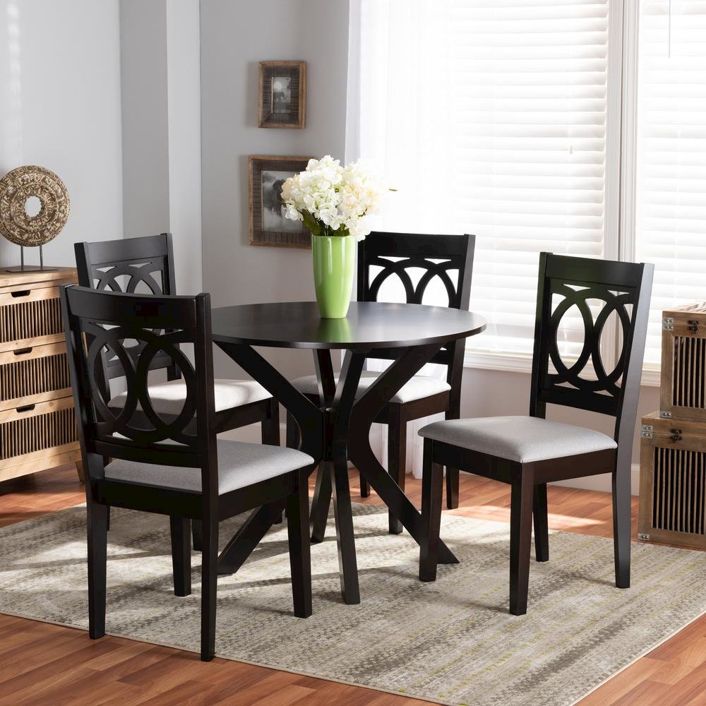 Grey Fabric Upholstered and Dark Brown Finished Wood 5-Piece Dining Set