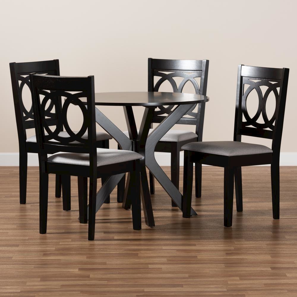 Grey Fabric Upholstered and Dark Brown Finished Wood 5-Piece Dining Set