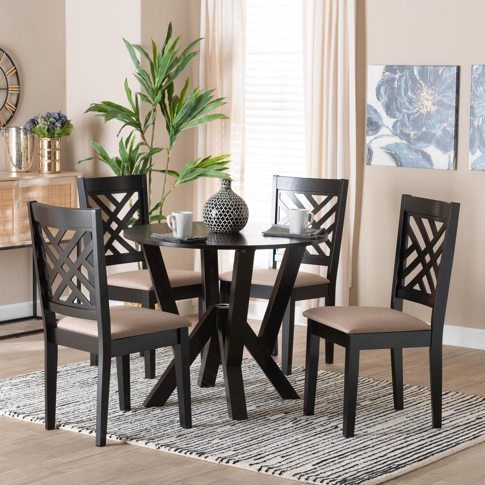 Elise Modern Sand Fabric and Dark Brown Finished Wood 5-Piece Dining Set