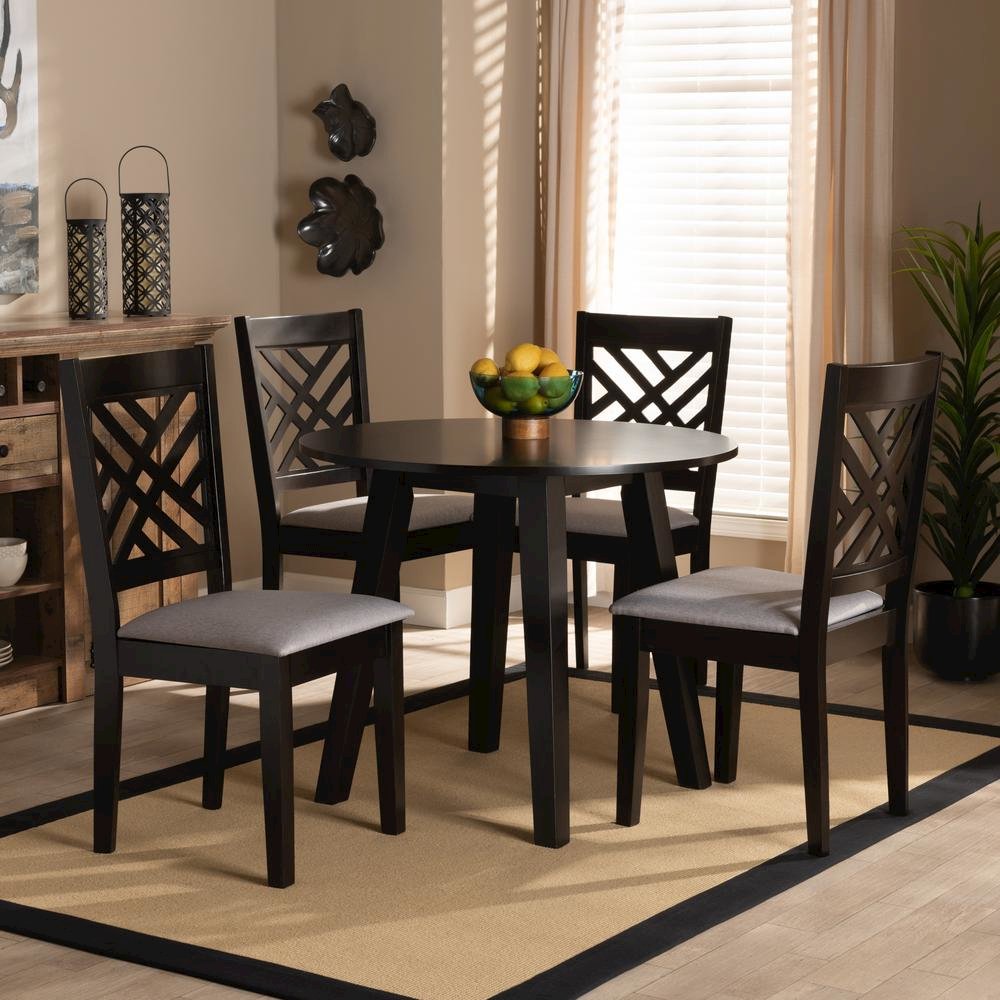Grey Fabric Upholstered and Dark Brown Finished Wood 5-Piece Dining Set