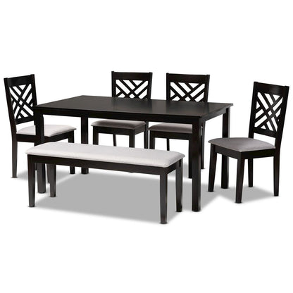 Grey Fabric Upholstered and Dark Brown Finished Wood 6-Piece Dining Set