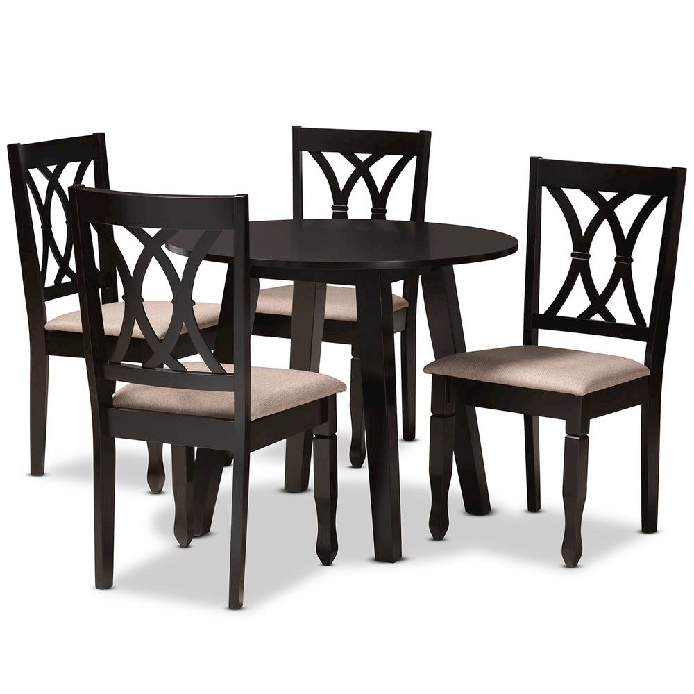 Sand Fabric Upholstered and Dark Brown Finished Wood 5-Piece Dining Set