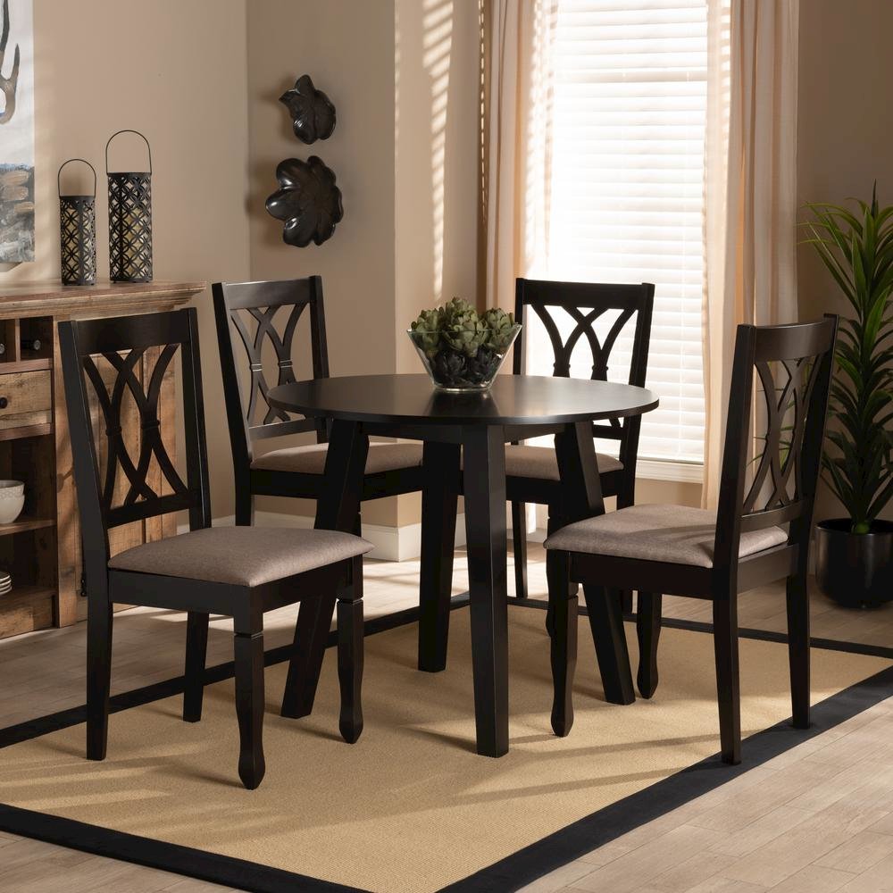 Sand Fabric Upholstered and Dark Brown Finished Wood 5-Piece Dining Set
