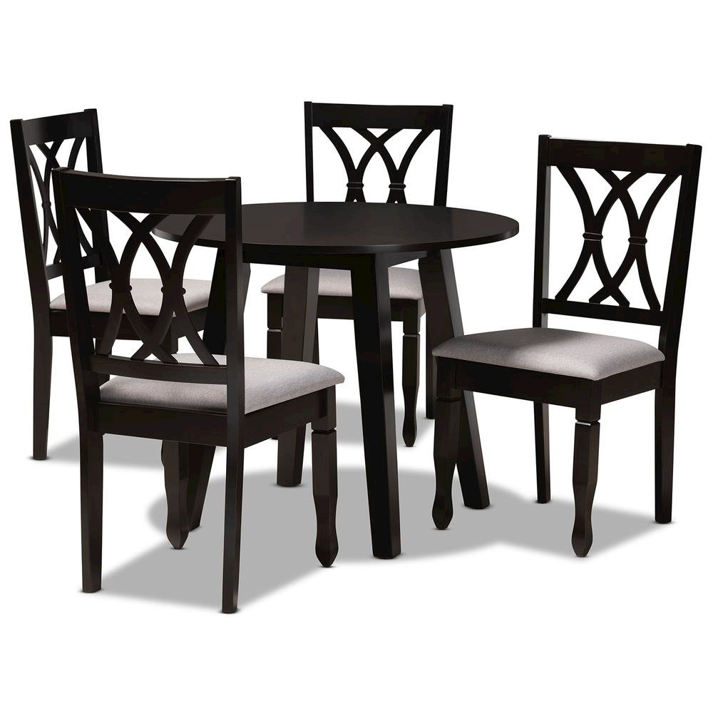Grey Fabric Upholstered and Dark Brown Finished Wood 5-Piece Dining Set