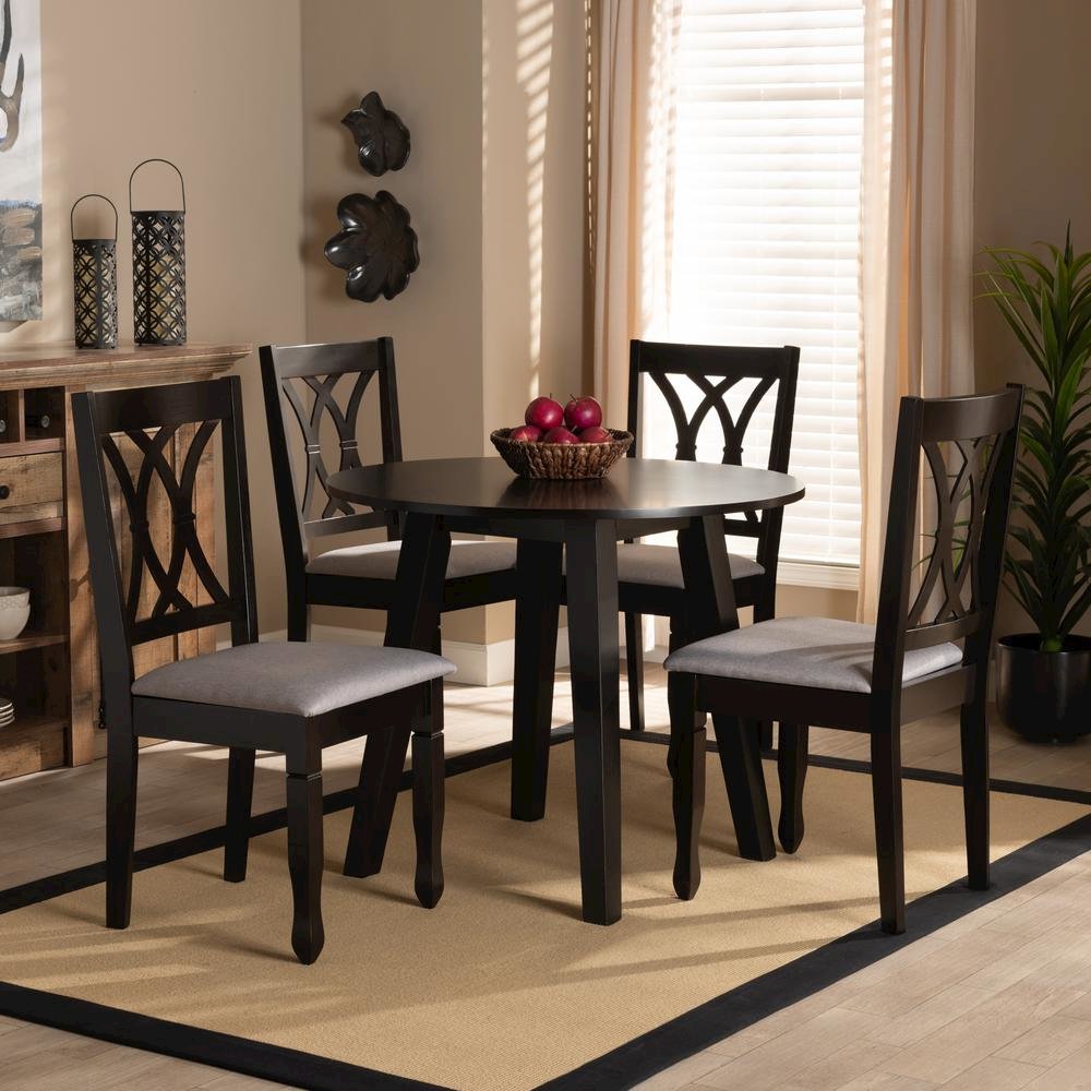 Grey Fabric Upholstered and Dark Brown Finished Wood 5-Piece Dining Set