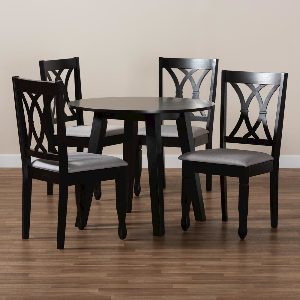 Grey Fabric Upholstered and Dark Brown Finished Wood 5-Piece Dining Set
