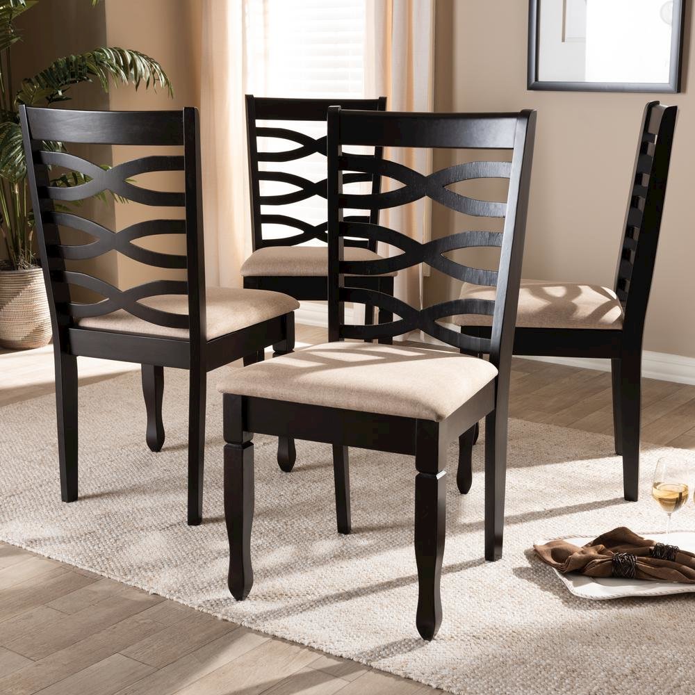Sand Fabric Upholstered Espresso Brown Finished Wood Dining Chair Set of 4