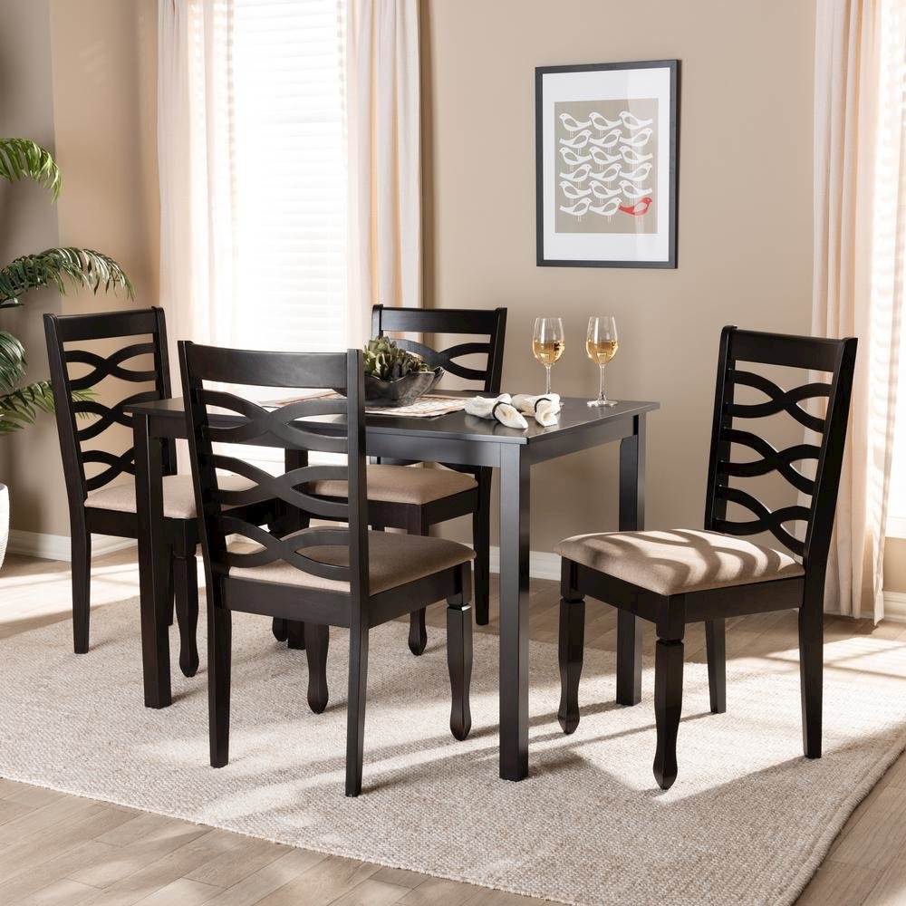 Sand Fabric Upholstered Espresso Brown Finished Wood 5-Piece Dining Set