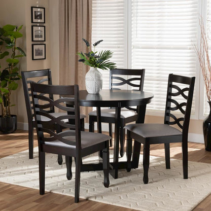 Grey Fabric Upholstered and Dark Brown Finished Wood 5-Piece Dining Set